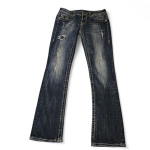 Y2K Vigoss Chelsea Straight Distressed Blue Jeans Women’s 7/8 Rhinestones Bling